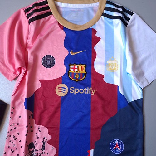 لباس منتخب بچگانه مسی – طراحی ترکیبی بارسا، آرژانتین، PSG و اینتر میامی + شورت